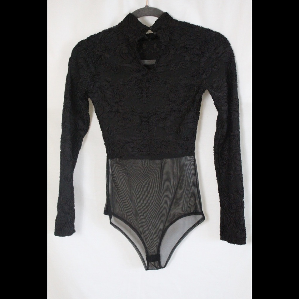 Black velvet and mesh leotard